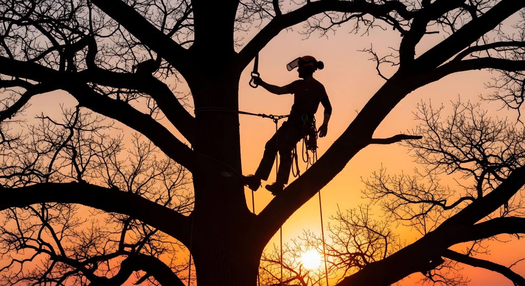 silhouette of an arborist climbing a tree at sunset photo (1)